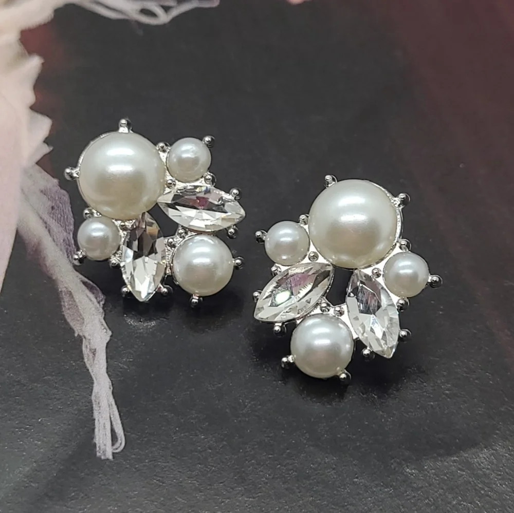 Vintage Art Deco Crystal Pearl Silver Earrings